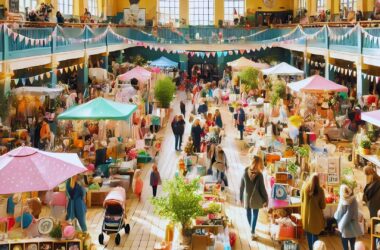Einladender Frühlingsflohmarkt in einer großen Halle mit bunten Ständen, Second-Hand-Kleidung, Spielzeug und fröhlichen Besuchern.