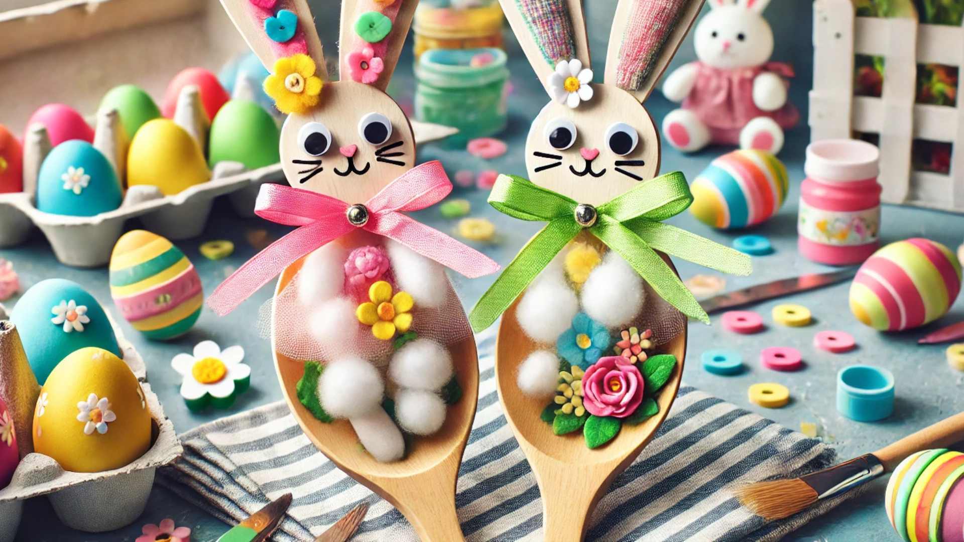 Bunte Löffelhasen als kreative Osterbastelei für Kinder, dekorativ gestaltet mit Farben, Schleifen und Wackelaugen.